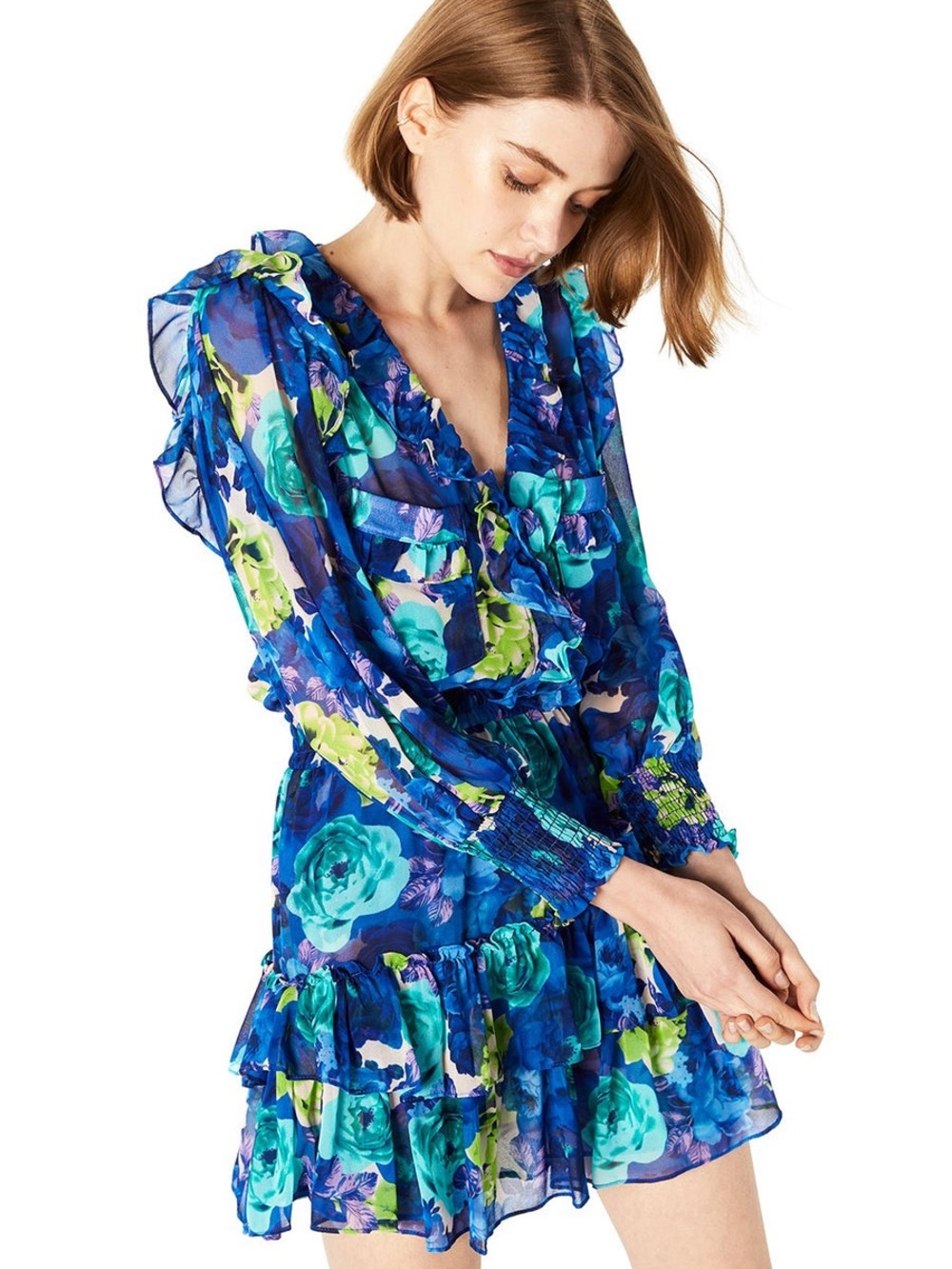 Misa Los Angeles Blue Green Floral Ruffle Mini Dress